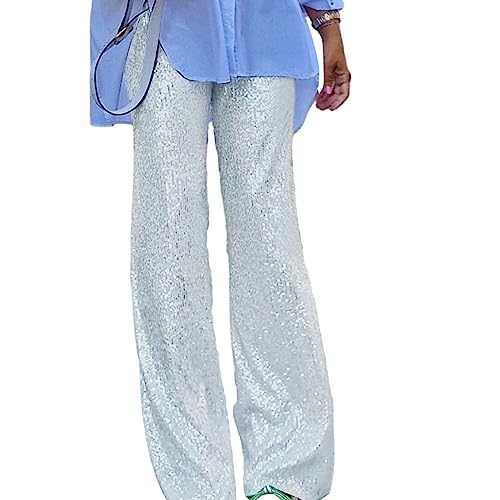 PDYLZWZY Damen Pailletten Weite Hose Glänzend Locker Lässig Elastisch Hohe Taille Glitzernd Ausgestellte Hose Clubwear Lange Hose Streetwear (Silver, M) von PDYLZWZY