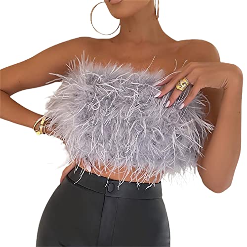 PDYLZWZY Damen Pelz Feder Tube Tops Kunstpelz Cami Camisole Crop Top Ärmelloses Trägerloses Rückenfreies Flauschiges Top Fuzzy Sexy (Gray#1 , M ) von PDYLZWZY