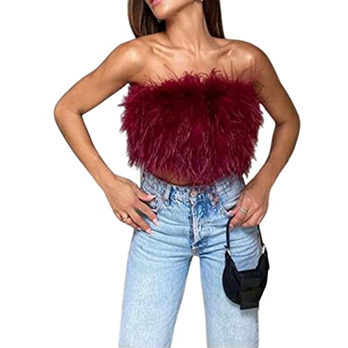 PDYLZWZY Damen Pelz Feder Tube Tops Kunstpelz Cami Camisole Crop Top Ärmelloses Trägerloses Rückenfreies Flauschiges Top Fuzzy Sexy (Wine Red#1 , M ) von PDYLZWZY