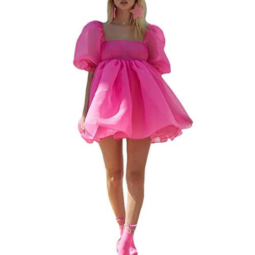 PDYLZWZY Damen Puffärmel Ballkleider MechTulle Abendkleid Quadratischer Kragen Rüschen Prinzessin Ballkleid Minikleid (Rosy, S) von PDYLZWZY