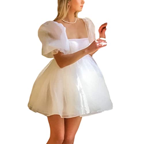 PDYLZWZY Damen Puffärmel Ballkleider MechTulle Abendkleid Quadratischer Kragen Rüschen Prinzessin Ballkleid Minikleid (White, S) von PDYLZWZY