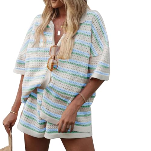 PDYLZWZY Damen-Pyjama-Set aus Häkelstrick, 2-teilig, Loungewear-Anzüge, gestreift, kontrastfarbene Button-Down-Oberteile und Shorts, gestreifte Lounge-Sets (Sky Blue, S) von PDYLZWZY