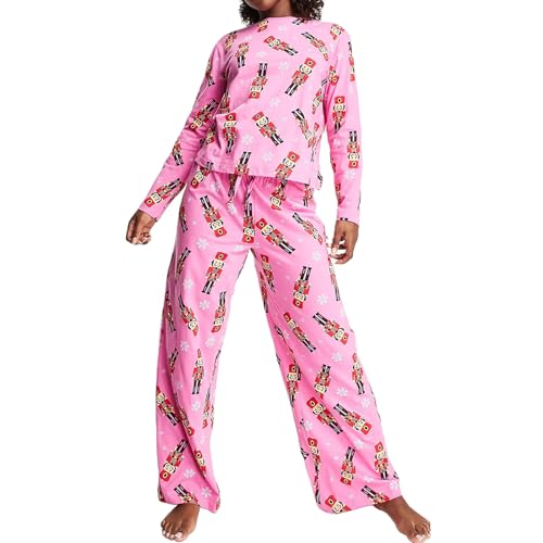 PDYLZWZY Damen-Pyjama-Set mit Weihnachts-Nussknacker-Aufdruck, langärmeliges T-Shirt mit Rundhalsausschnitt und Hose mit weitem Bein, Nachtwäsche und Loungewear (Pink, S) von PDYLZWZY