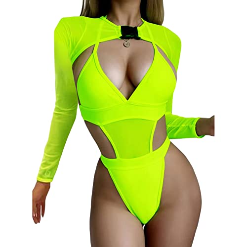 PDYLZWZY Damen Rave Outfits Neon Body Crop Top Langarm Badeanzüge Mesh Shrug mit Schnalle für Festival Club Party (Green, M) von PDYLZWZY