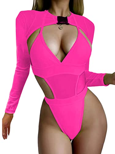 PDYLZWZY Damen Rave Outfits Neon Body Crop Top Langarm Badeanzüge Mesh Shrug mit Schnalle für Festival Club Party (Pink, M) von PDYLZWZY