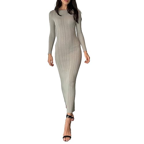 PDYLZWZY Damen Rippenstrick Maxi Kleid Langarm Rundhalsausschnitt Slim Fit Bodycon Pencil Langes Kleid Sexy Hollow Out Pullover Kleid Y2K Clubwear (Gray, S) von PDYLZWZY