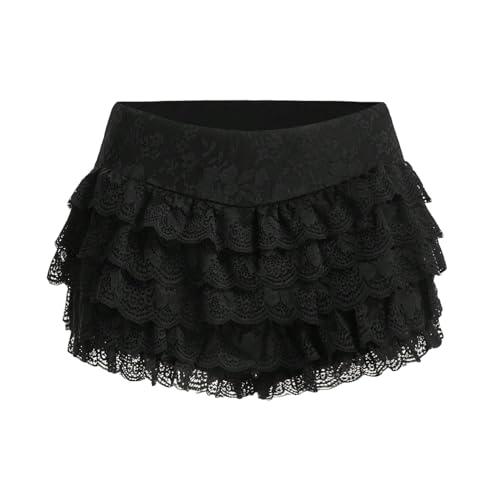 PDYLZWZY Damen-Rüschen-Spitzenbesatz-Kürbis-Hose, sexy Boy-Shorts, geschichtete Böden, Lolita-Bloomers, Y2k-Fee, süße Pettipants (Black, M) von PDYLZWZY