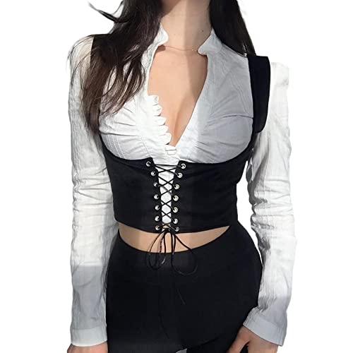 PDYLZWZY Damen Schnürung Underbust Korsett Belt Taille Training Korsett Top sexy Steampunk Bustier Tailler Corset Bustier Crop Top für Halloween -Kleid (Black , L ) von PDYLZWZY