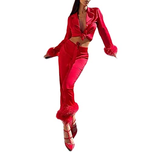 PDYLZWZY Damen Seide Pyjama Sets Langarm Revers Knopf unten Tasche Tops Capri Hosen Feder Saum Blazer Set Loungewear (Red, M) von PDYLZWZY