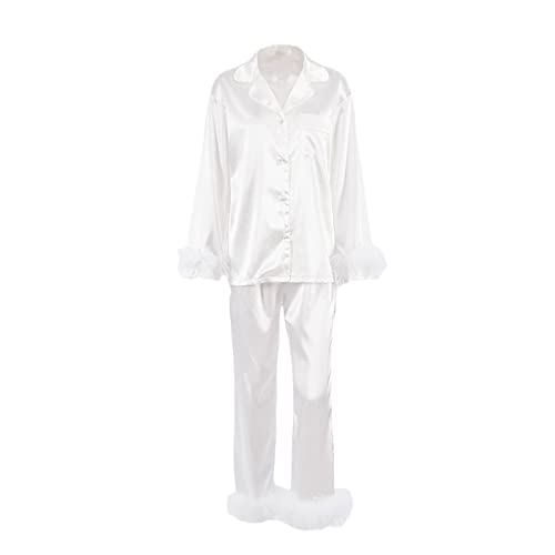 PDYLZWZY Damen Seide Pyjama Sets Langarm Revers Knopf unten Tasche Tops Capri Hosen Feder Saum Blazer Set Loungewear (White#1, S) von PDYLZWZY