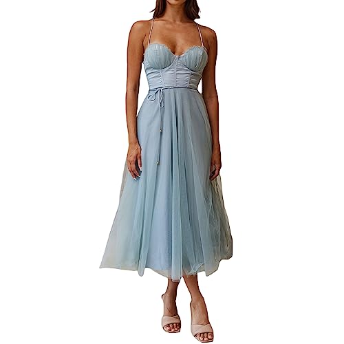 PDYLZWZY Damen Sexy Tüllkleid Häkelspitze Mesh Durchsichtiges Maxi Cocktail Partykleid Ärmelloses Korsett Abendkleid (Light Blue, M) von PDYLZWZY