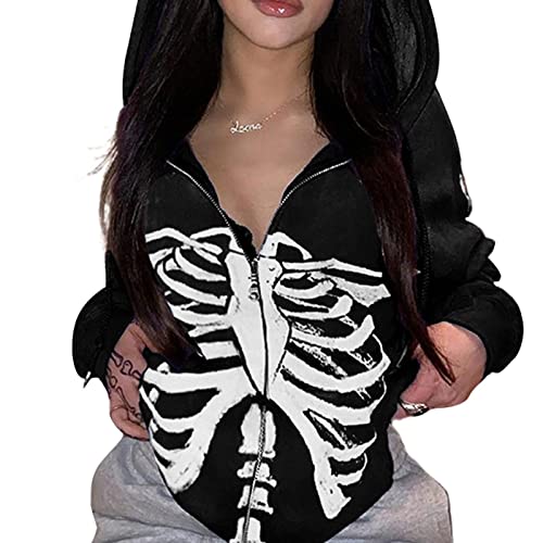 PDYLZWZY Damen Skelett drucken überdimensioniert Zip Up Hoodie Sweatshirt Teen Mädchen Langarm Y2k Gothic Harajuku Pullover (Schwarz, S) von PDYLZWZY