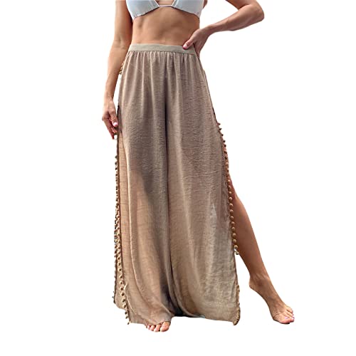PDYLZWZY Damen Sommer Strand Cover Up Hose Elastische Taille Weites Bein Offene Wickelhosen See Through High Split Palazzo mit Quaste (Khaki, Small) von PDYLZWZY