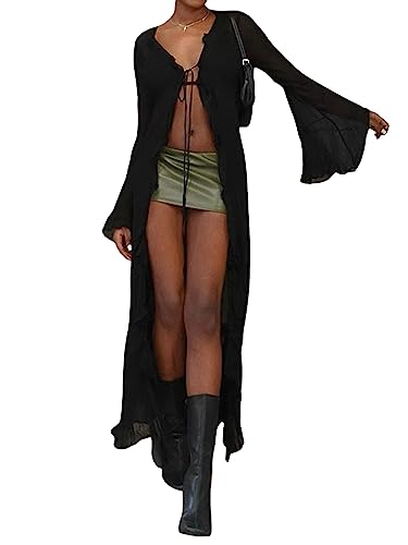PDYLZWZY Damen Sommer Tie Up Mesh Long Cardigan Langarm Open Front Cardigan Bademode Cover Ups Long Beach Kimono Streetwear (Black, L) von PDYLZWZY