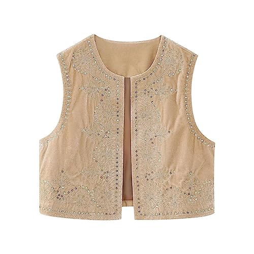 PDYLZWZY Damen Stickerei Blume Weste ärmellos offen vorne beschnitten Floral Strickjacke Weste Y2k Pailletten Outwear Gilet (Khaki, L) von PDYLZWZY