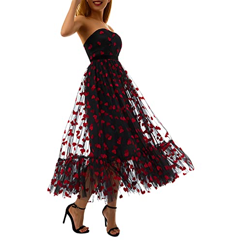 PDYLZWZY Damen Trägerlos Herz Print Kleid Sommer Schulterfrei Mesh Schlauchkleid Valentinstag Kleid Tüll Layered Midi Kleid (Schwarz, M) von PDYLZWZY