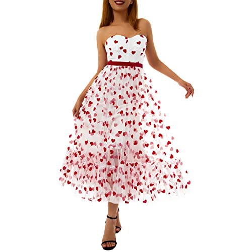 PDYLZWZY Damen Trägerlos Herz Print Kleid Sommer Schulterfrei Mesh Schlauchkleid Valentinstag Kleid Tüll Layered Midi Kleid (Weiß, L) von PDYLZWZY