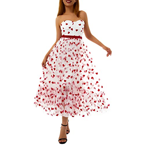 PDYLZWZY Damen Trägerlos Herz Print Kleid Sommer Schulterfrei Mesh Schlauchkleid Valentinstag Kleid Tüll Layered Midi Kleid (Weiß, S) von PDYLZWZY