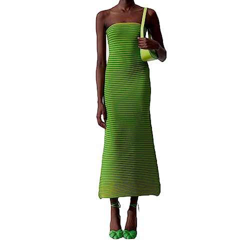 PDYLZWZY Damen Trägerloses langes Bodycon Kleid Gestreiftes Strickkleid Langes Schlauchkleid Sommer Rückenfrei Colorblock Party Strickbandeau Kleid (Green, L) von PDYLZWZY
