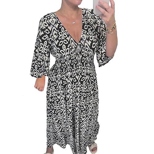 PDYLZWZY Damen V-Ausschnitt Halbe Ärmel Bohemian Geometrisches Muster Maxi Lange Kleider Boho Floral Urlaub Kleid Strand Sonnenkleid (Black, XL) von PDYLZWZY