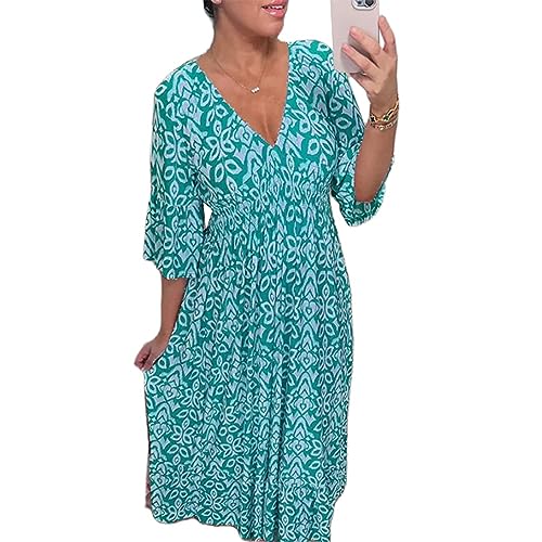 PDYLZWZY Damen V-Ausschnitt Halbe Ärmel Bohemian Geometrisches Muster Maxi Lange Kleider Boho Floral Urlaub Kleid Strand Sonnenkleid (Lake Blue, L) von PDYLZWZY