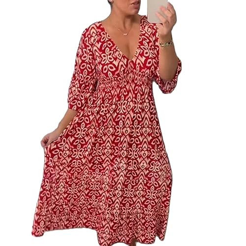 PDYLZWZY Damen V-Ausschnitt Halbe Ärmel Bohemian Geometrisches Muster Maxi Lange Kleider Boho Floral Urlaub Kleid Strand Sonnenkleid (Red, L) von PDYLZWZY