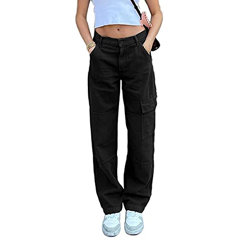 PDYLZWZY Damen Y2K Baggy Jeans Hohe Taille Breites Gerades Bein Distressed Vintage Cargo Denim Hose mit Taschen Streetwear (Schwarz, M) von PDYLZWZY