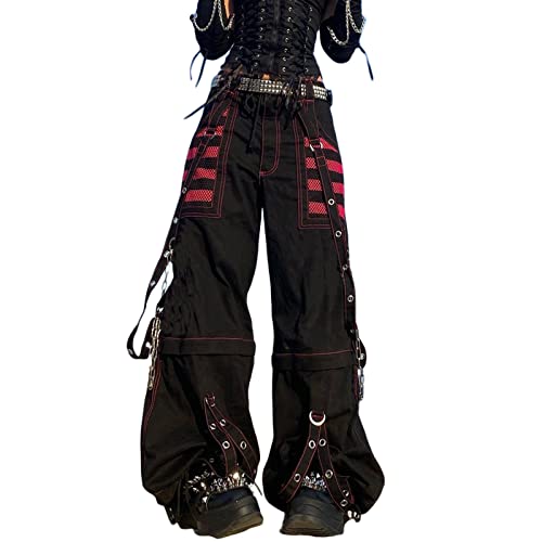 PDYLZWZY Damen Y2K Hose mit hoher Taille Gothic Baggy Gothic Cargohose Weites gerades Bein Punk-Hose Lose Hose Streetwear (Black, S) von PDYLZWZY