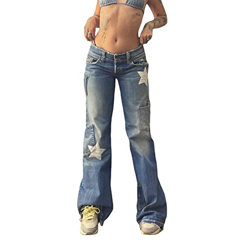PDYLZWZY Damen Y2K Low Rise Straight Wide Leg Hose Ästhetische Baggy Pants Grunge Denim Schlaghose Harajuku Flare Jeans (Blue#3, S) von PDYLZWZY