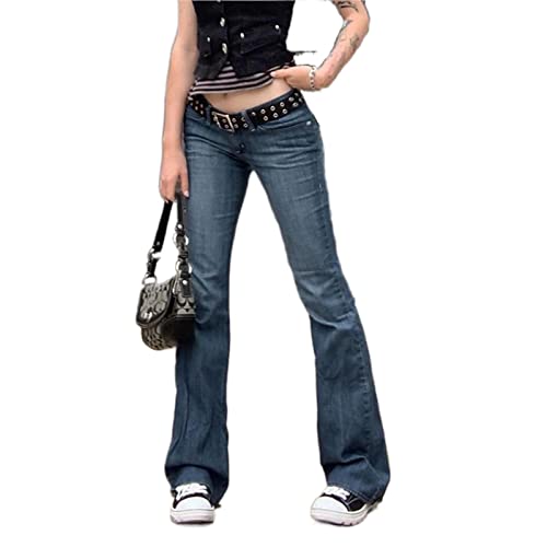 PDYLZWZY Damen Y2K Low Waist Jeans Gothic Baggy Denim Flare Hosen Weites Gerades Bein Lose Casual Gothic Hosen Streetwear (Blau, S) von PDYLZWZY