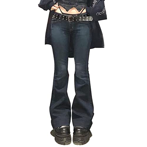 PDYLZWZY Damen Y2K Low Waist Jeans Gothic Baggy Denim Flare Hosen Weites Gerades Bein Lose Casual Gothic Hosen Streetwear (Dunkelblau, 2XL) von PDYLZWZY