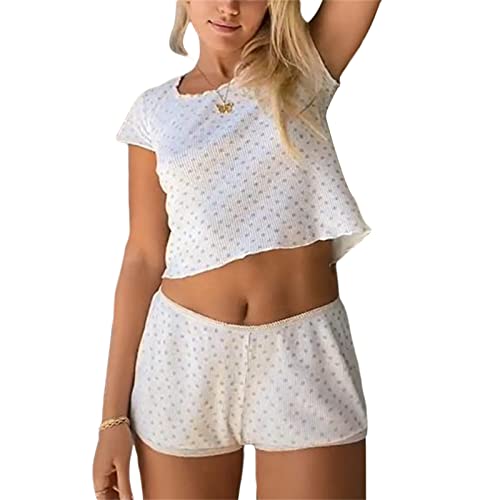 PDYLZWZY Damen Y2K Shorts Set Herzdruck Schlafanzug Set ärmellos V-Ausschnitt Cami Tops und Shorts Set Sommer Loungewear Streetwear (White#1, L) von PDYLZWZY