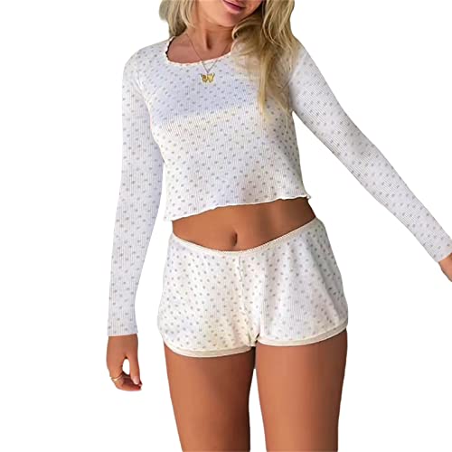 PDYLZWZY Damen Y2K Shorts Set Herzdruck Schlafanzug Set ärmellos V-Ausschnitt Cami Tops und Shorts Set Sommer Loungewear Streetwear (White Long Sleeve, L) von PDYLZWZY