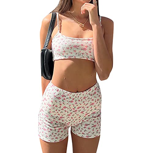 PDYLZWZY Damen Y2K Shorts Set Herzdruck Schlafanzug Set ärmellos V-Ausschnitt Cami Tops und Shorts Set Sommer Loungewear Streetwear (e-White, M) von PDYLZWZY