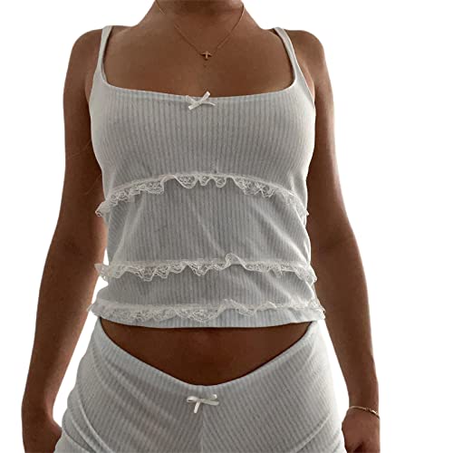 PDYLZWZY Damen Y2K Shorts Set Herzdruck Schlafanzug Set ärmellos V-Ausschnitt Cami Tops und Shorts Set Sommer Loungewear Streetwear (r-White, M) von PDYLZWZY