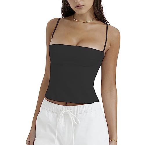 PDYLZWZY Damen Y2K Tops Niedliches Crop Top Niedrig geschnittenes rückenfreies Camisole Ärmelloses Cami Korsett Top Spaghetti-Träger Tank Top Y2K Shirt (Black, S) von PDYLZWZY