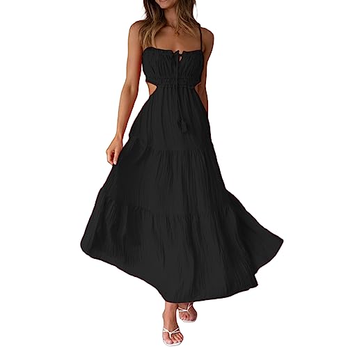 PDYLZWZY Damen Y2k Boho Spaghettiträger Langes Kleid Boho Niedrig geschnittenes Kleid Rückenfreies Bodycon Midikleid Seitliche Ausschnitte Fließendes Maxikleid (Black, L) von PDYLZWZY