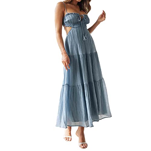 PDYLZWZY Damen Y2k Boho Spaghettiträger Langes Kleid Boho Niedrig geschnittenes Kleid Rückenfreies Bodycon Midikleid Seitliche Ausschnitte Fließendes Maxikleid (Blue, S) von PDYLZWZY