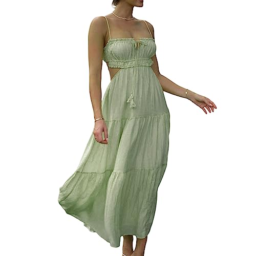 PDYLZWZY Damen Y2k Boho Spaghettiträger Langes Kleid Boho Niedrig geschnittenes Kleid Rückenfreies Bodycon Midikleid Seitliche Ausschnitte Fließendes Maxikleid (Green, M) von PDYLZWZY