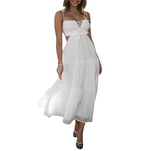 PDYLZWZY Damen Y2k Boho Spaghettiträger Langes Kleid Boho Niedrig geschnittenes Kleid Rückenfreies Bodycon Midikleid Seitliche Ausschnitte Fließendes Maxikleid (White, S) von PDYLZWZY