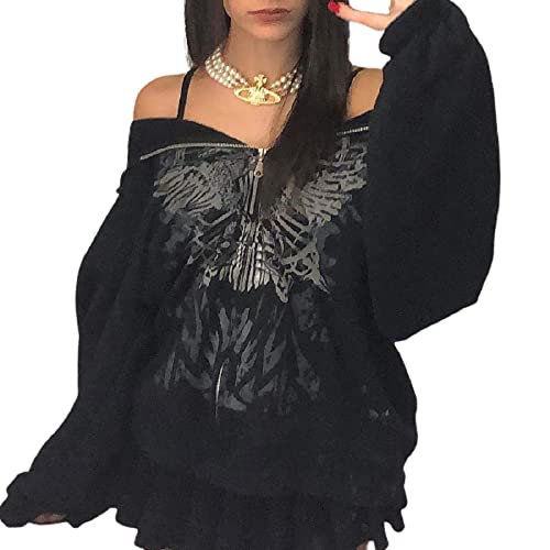 PDYLZWZY Damen Y2k Cropped Zip Up Hooded Sweatshirts Langarm Bedruckte Punk Jacke Mantel mit Taschen 90er Harajuku Streetwear (Schwarz, L) von PDYLZWZY
