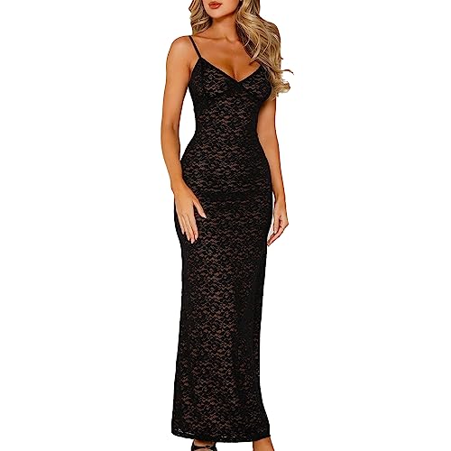 PDYLZWZY Damen Y2k Spitze Langes Kleid V-Ausschnitt Durchsichtig Rückenfrei Maxikleid Spaghettiträger Mesh Bodycon Partykleid Vintage Streetwear (Black, S) von PDYLZWZY