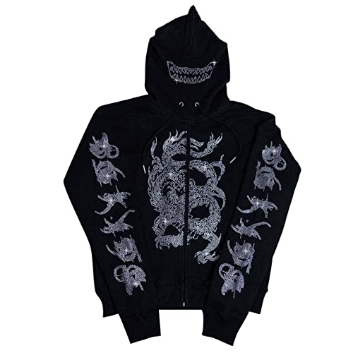 PDYLZWZY Damen Y2k Strass Skeleton Printed Hoodie Zip Up Oversized Gothic Sweatshirt Y2K E-Girl Hipster Jacke Streetwear von PDYLZWZY