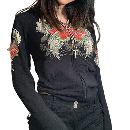 PDYLZWZY Damen Zip Up Y2K Vintage Grafik Hoodie Ästhetischer Skeleton Punk Pullover Langarm Gothic Sweatshirt 90er E-Girl Top (w8, M) von PDYLZWZY