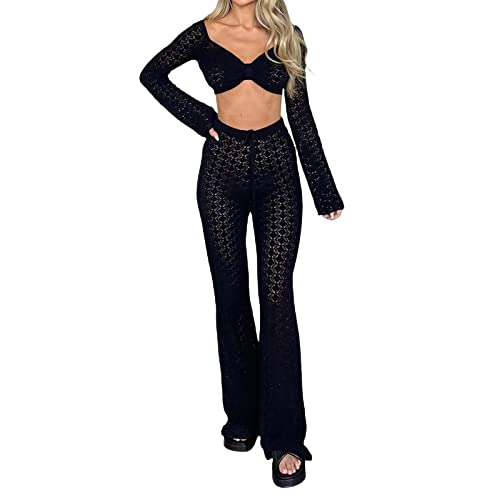PDYLZWZY Damen Zweiteilige Outfits Pullover Sets Stricken Schulterfrei Häkeln Langarm Crop Tops und High Waisted Pants Y2K Lounge Sets (Black, L) von PDYLZWZY