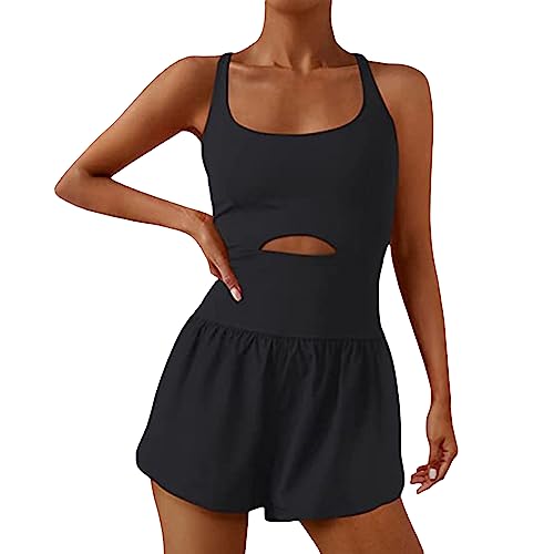 PDYLZWZY Damen ein Stück Yoga Overall ärmellos Cami Playsuits Sport Bodycon Kurz Jumpsuits Kreuz rückenfrei Workout Romper Trainingsanzüge (Black, L) von PDYLZWZY