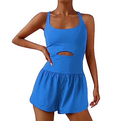 PDYLZWZY Damen ein Stück Yoga Overall ärmellos Cami Playsuits Sport Bodycon Kurz Jumpsuits Kreuz rückenfrei Workout Romper Trainingsanzüge (Blue, L) von PDYLZWZY