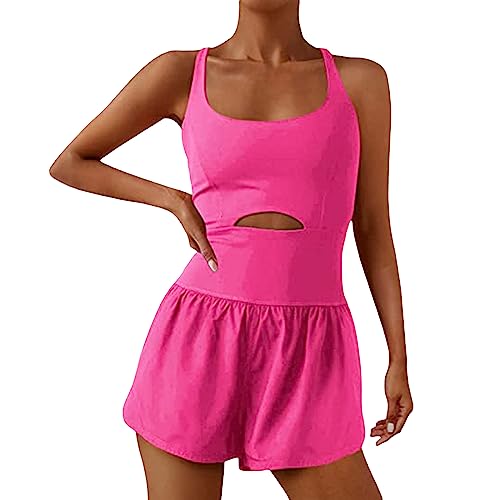 PDYLZWZY Damen ein Stück Yoga Overall ärmellos Cami Playsuits Sport Bodycon Kurz Jumpsuits Kreuz rückenfrei Workout Romper Trainingsanzüge (Pink, L) von PDYLZWZY