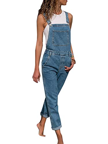 PDYLZWZY Damen lässig Stretch verstellbare Riemen Taschen Denim Latzhose Jeans Hosen gerollt Manschetten Knöchel Länge Jumpsuits (Blue, XXL) von PDYLZWZY