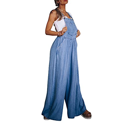 PDYLZWZY Damen lässig Stretch verstellbare Riemen Taschen Denim Latzhose Jeans Hosen gerollt Manschetten Knöchel Länge Jumpsuits (Blue#1 , S ) von PDYLZWZY